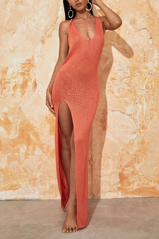 Tie Halter Backless Slit Crochet Knit Midi Dress Comfortable Knitwear Midi Dress