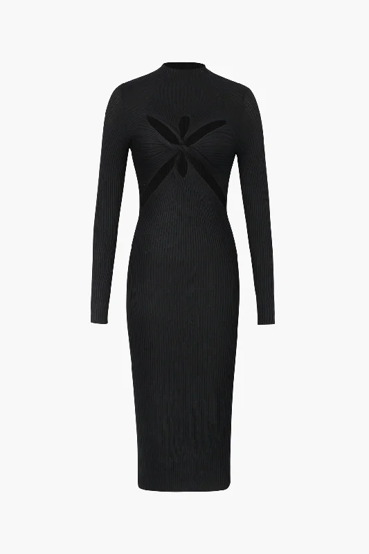 Long Sleeve Cut Out Front Twist Rib Knit Midi Dress Fashionable Plaid Midi Dress