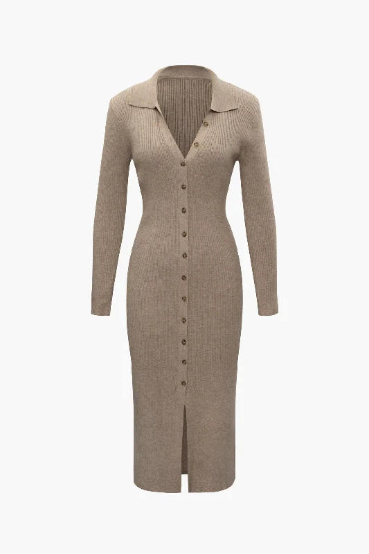 Rib Knit Long Sleeve Midi Dress Trendy Flared Sleeve Midi Dress