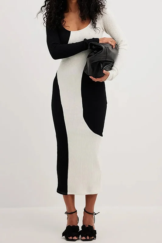 Contrast Round Neck Knit Midi Dress Trendy Square Neck Midi Dress