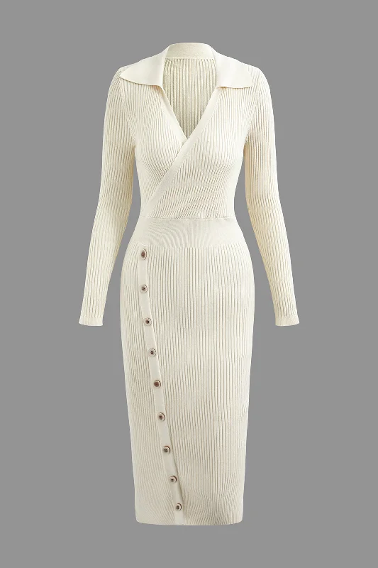 V-neck Rib Knit Collar Button Long Sleeve Midi Dress Comfortable Short Sleeve Midi Dress