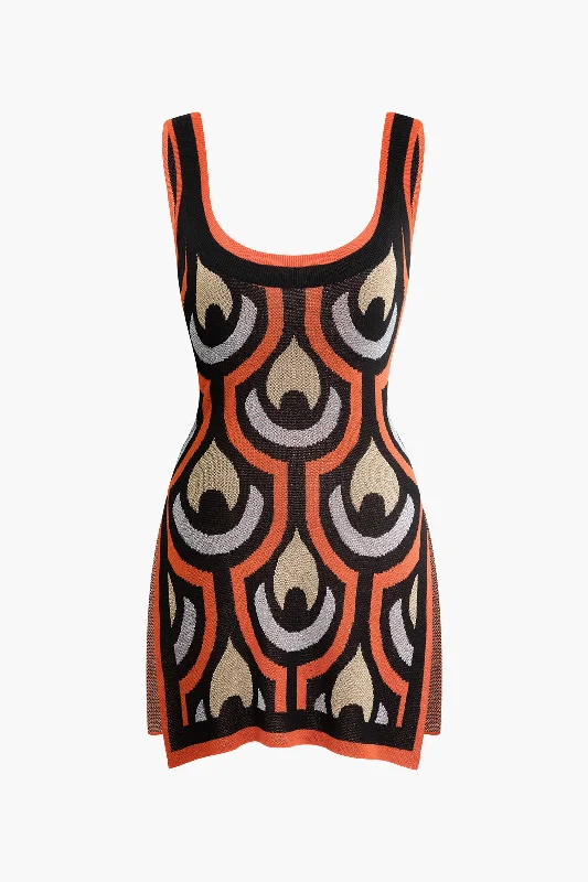 Geometric Pattern Knit Slit Sleeveless Mini Dress Elegant Mini Dress with Ruffles