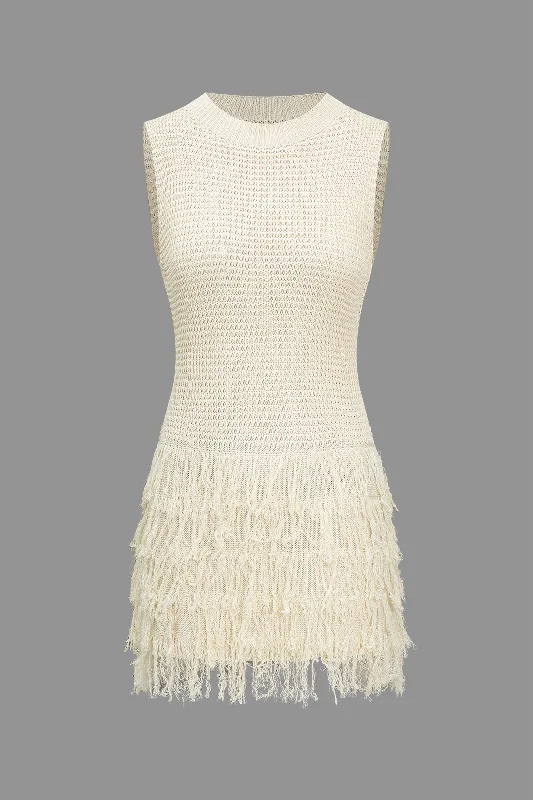 Knit Fringe Sleeveless Mini Dress Elegant Silk Mini Dress