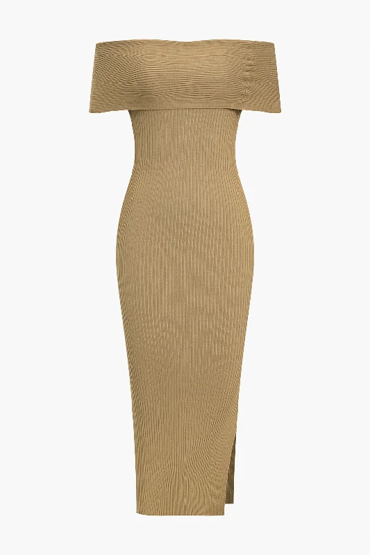 Solid Off Shoulder Knit Midi Dress Comfortable Lace-Up Midi Dress
