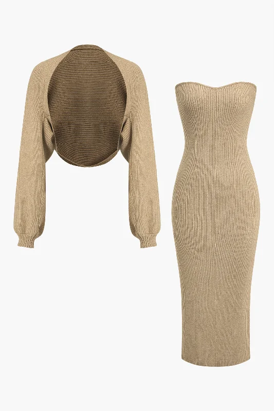 Ribbed Knit Strapless Midi Dress And Bolero Set Stylish Button-Down Midi Dress
