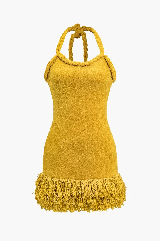 Solid Hand-Woven Fringe Mini Dress Stylish Short Sleeve Mini Dress