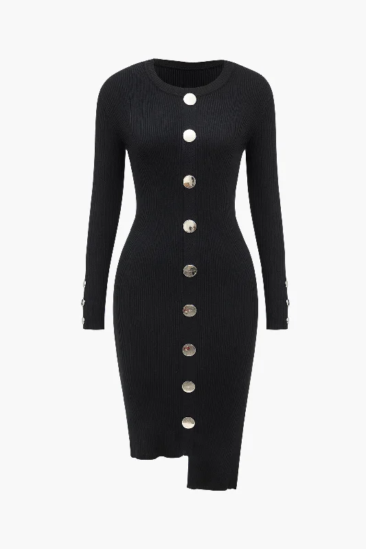 Button-Down Ribbed Knit Midi Dress Chic Off-Shoulder Midi Dress