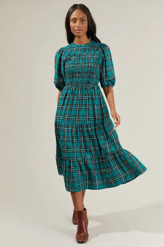Melody Plaid Smocked Tiered Midi Dress Stylish Off-Shoulder Ruffle Dress