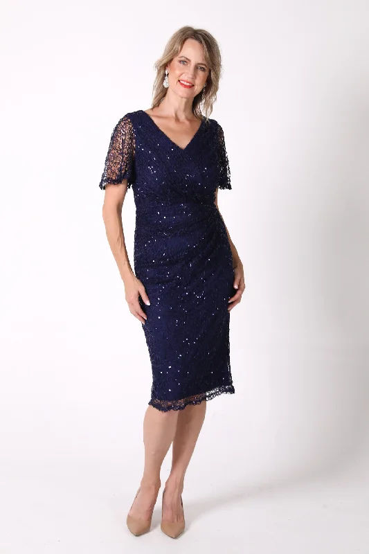 Meredith V-Neck Sequin Midi Dress - Navy Trendy A-Line Midi Dress