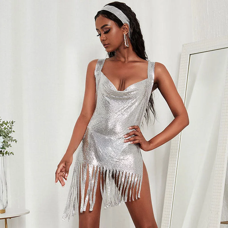 BerryBetty - High Slit Sleeveless Mini Dress - Silver Classic Shift Mini Dress