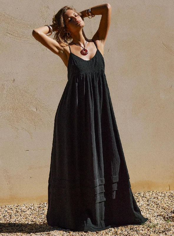 Milden Linen Blend Maxi Dress Black Chic Button-Up Maxi Dress