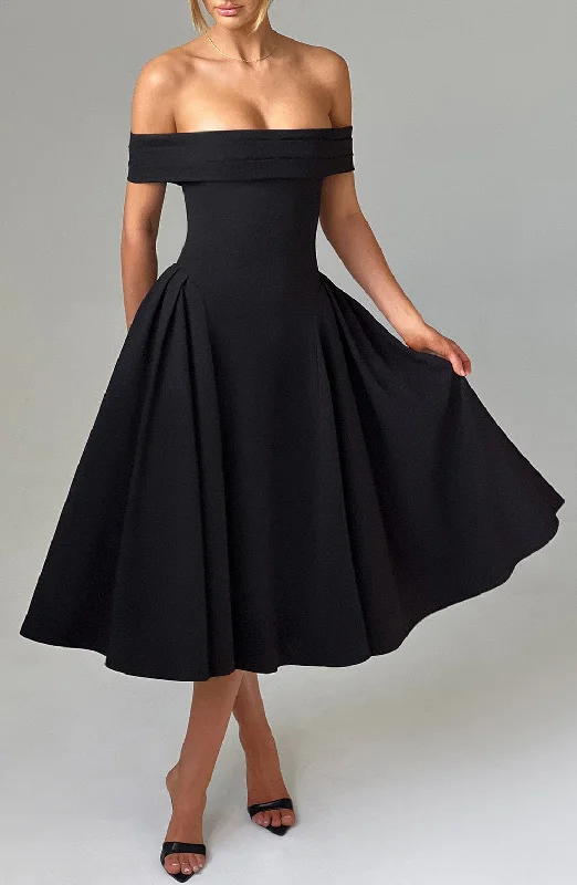 Miranda Midi Dress - Black Comfortable Deep V Midi Dress