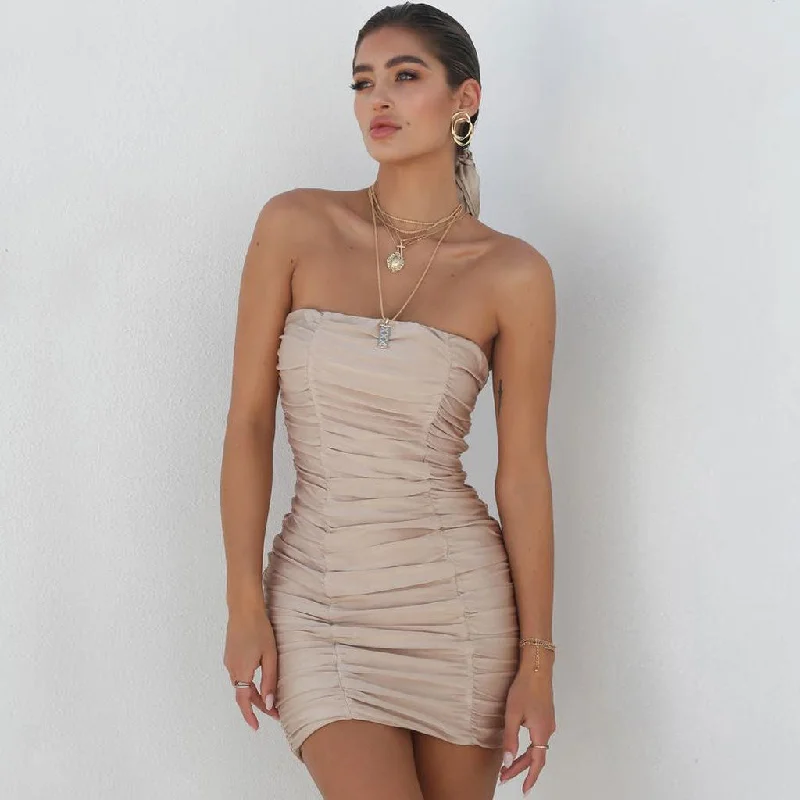 BerryBetty - Strapless Ruched Bodycon Party Mini Dress - Khaki Fashionable Lace Mini Dress BerryBetty - Strapless Ruched Bodycon Party Mini Dress - Khaki Fashionable Lace Mini Dress