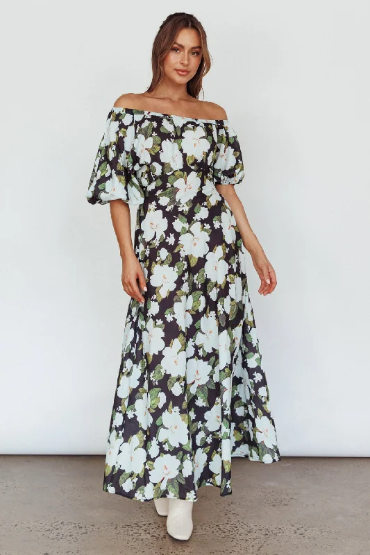 Momentum Off Shoulder Maxi Dress Floral Black Trendy Printed Maxi Dress