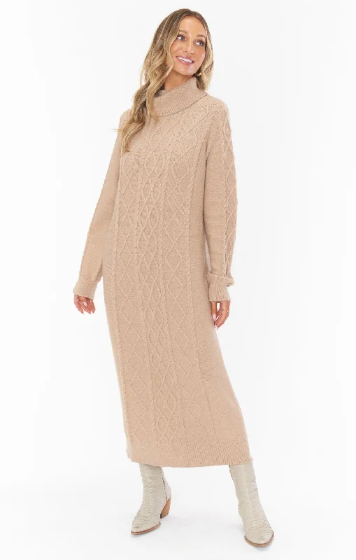 Montreal Midi Dress ~ Taupe Cable Knit Trendy Off-Shoulder Ruffle Midi Dress