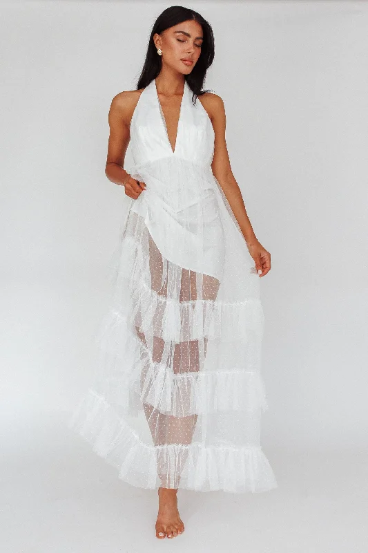 Moonlight Sonata Ruffle Mesh Maxi Dress Hail Spot White Classic V-Neck Maxi Dress