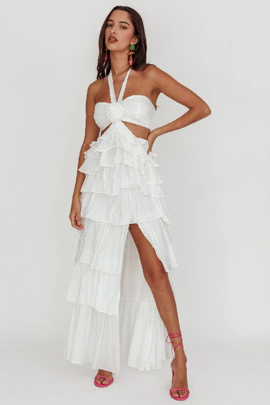 Morpheus Ruffle Halterneck Maxi Dress Off White Trendy Satin Maxi Dress