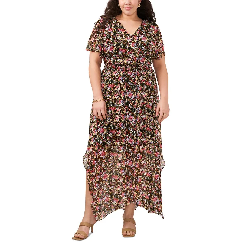 MSK Womens Plus Chiffon Floral Print Maxi Dress Trendy Maxi Dress with Straps