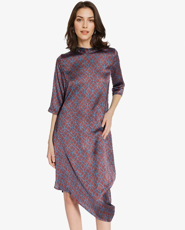 Rareism Women Mullivio Brown 3/4Th Sleeve High Neck Zipper Relaxed Fit Geometric Print Midi Dress Elegant Floral Skirt Midi Dress