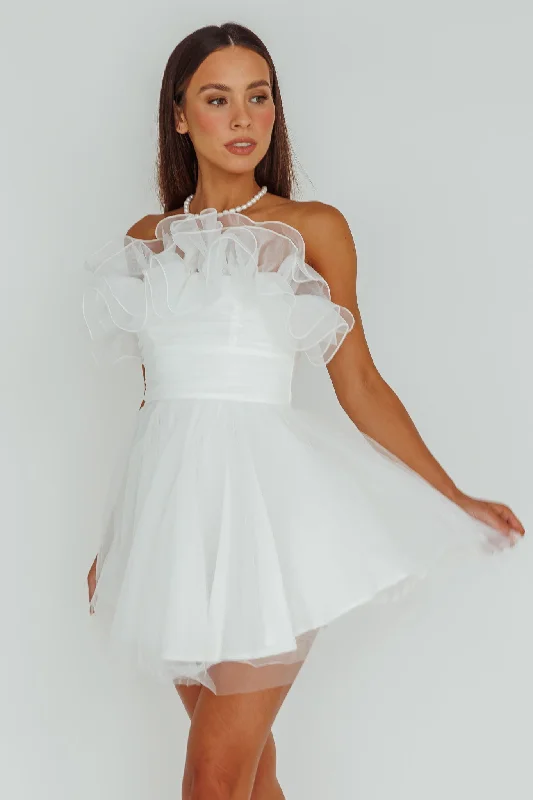 My Beloved Organza Frill Mini Dress White Fashionable Off-Shoulder Mini Dress