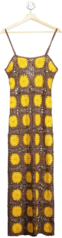 NA-KD Brown/Yellow Crochet Knitted Thin Strap Maxi Dress UK S/M Elegant Maxi Dress with Slit