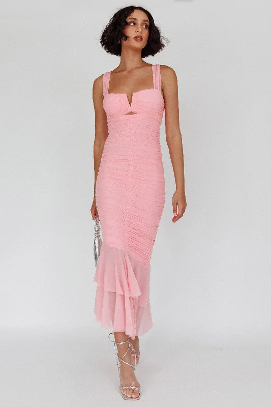 Nadia Ruched Fishtail Maxi Dress Blush Fashionable Sheer Maxi Dress