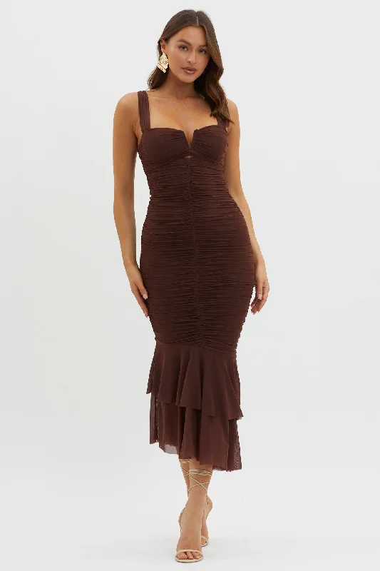 Nadia Ruched Fishtail Maxi Dress Chocolate Chic Boho Print Maxi Dress