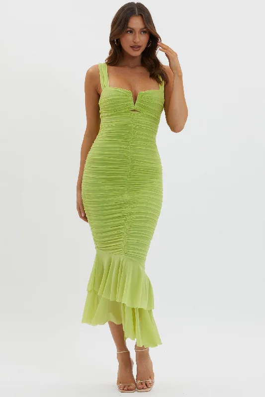 Nadia Ruched Fishtail Maxi Dress Lime Fashionable Off-Shoulder Maxi Dress