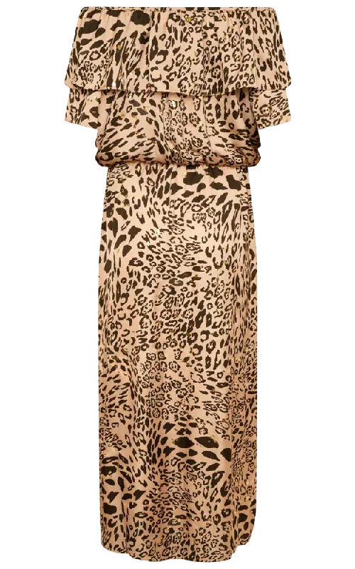 NAIA Leopard Halle Bardot Frill Maxi Dress Golden Leopard UK M Stylish Boho Maxi Dress