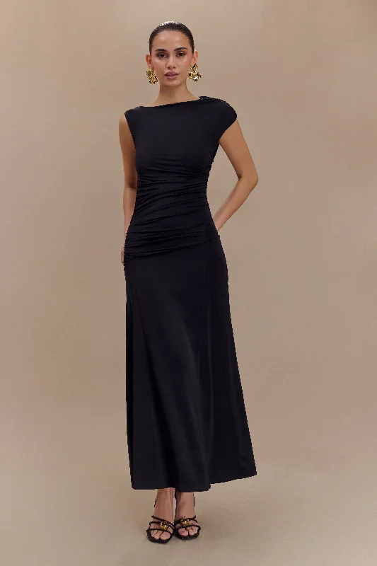Navanna Asymmetric Slinky Midi Dress - Black Trendy Off-Shoulder Button Midi Dress