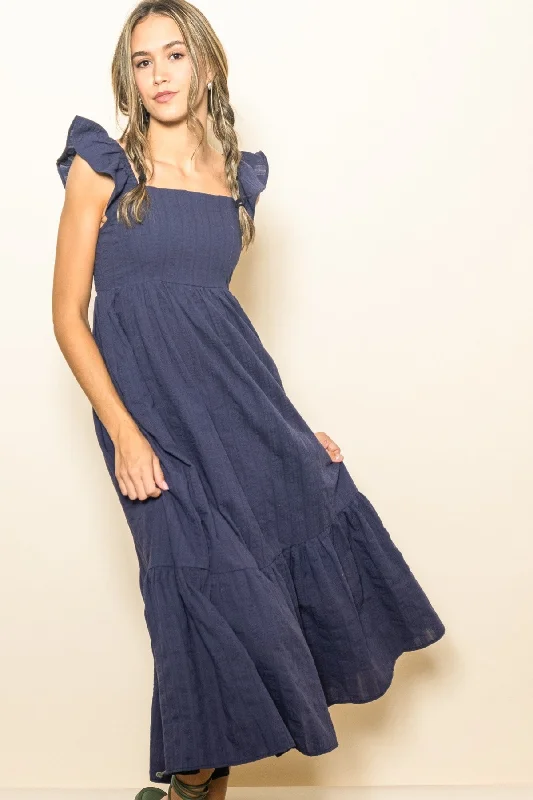 Navy Blue Textured Cotton Ruffle Strap Midi Dress Chic Off-Shoulder Midi Dress