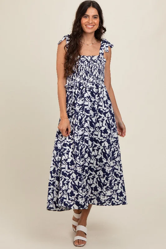 Navy Printed Smocked Shoulder Tie Midi Dress Cozy Midi Dress with Pockets