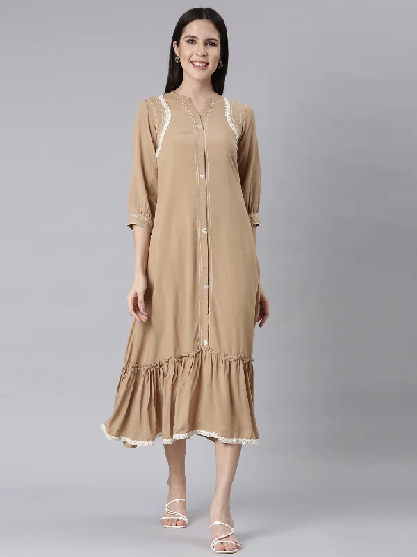 Neerus Beige Curved Casual Solid Maxi Dresses Fashionable Maxi Dress with Fringe