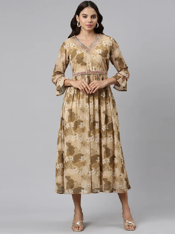 Neeru's Beige Straight Casual Printed Maxi Dresses Stylish One-Shoulder Maxi Dress