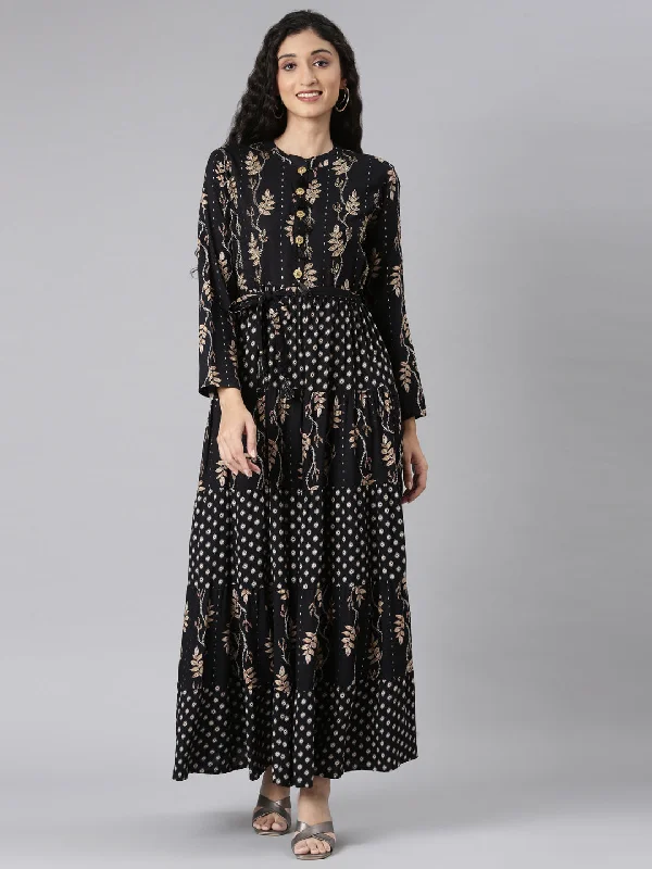 Neerus Black Curved Casual Floral Maxi Dresses Stylish V-Neck Maxi Dress