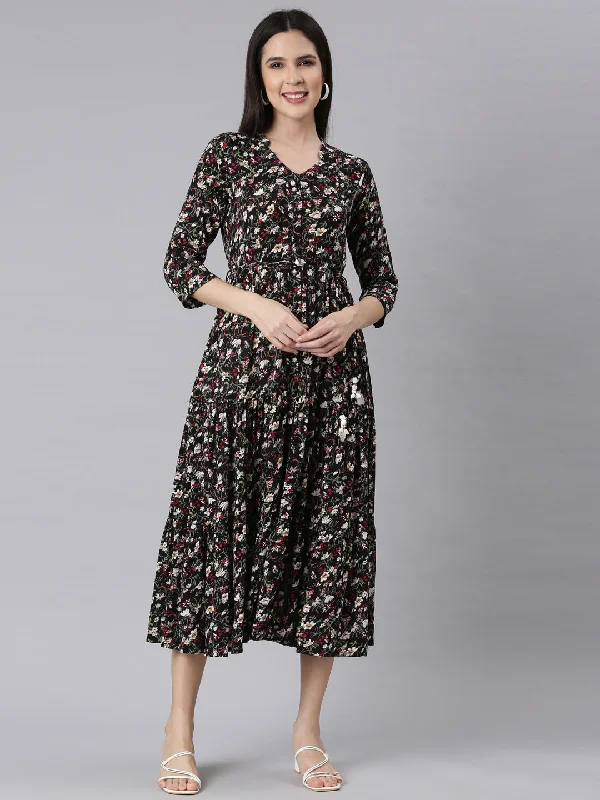 Neerus Black Curved Casual Floral Maxi Dresses Stylish V-Neck Maxi Dress