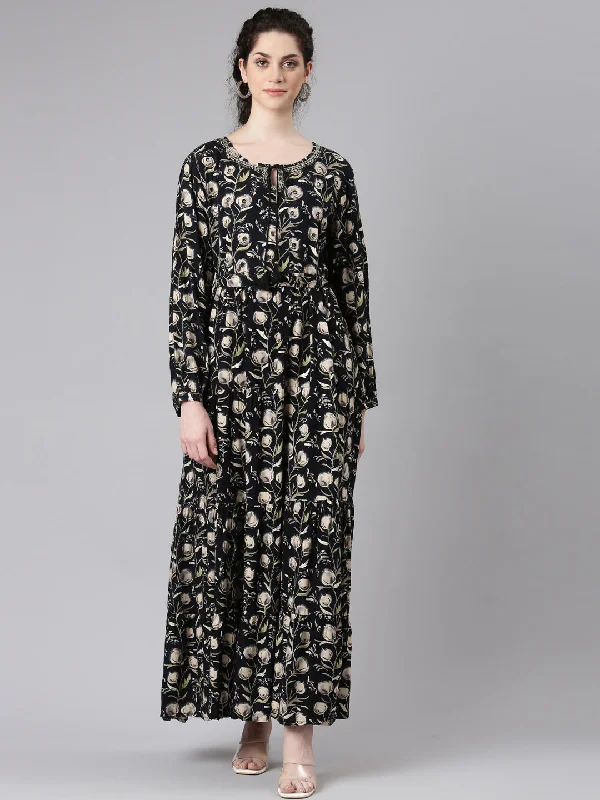 Neerus Black Floral Printed Maxi Dresses Cozy Ribbed Maxi Dress