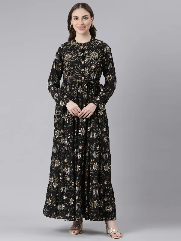 Neerus Black Viscose Rayon Curved Casual Floral Maxi Dresses. Comfortable Long-Sleeve Maxi Dress Neerus Black Viscose Rayon Curved Casual Floral Maxi Dresses. Comfortable Long-Sleeve Maxi Dress