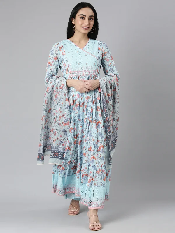 Neerus Blue Curved Casual Floral Maxi Dresses Cozy Ribbed Maxi Dress