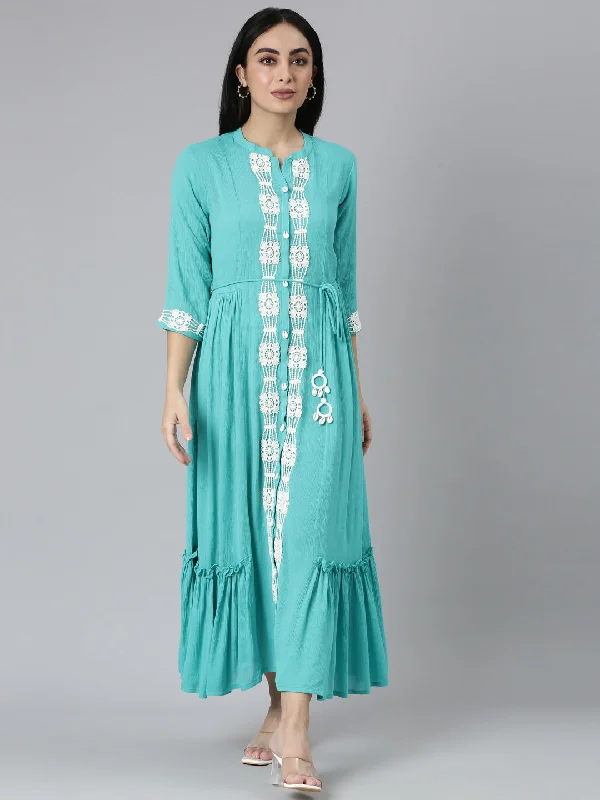 Neerus Blue Flared Casual Solid Maxi Dresses Cozy Knit Maxi Dress