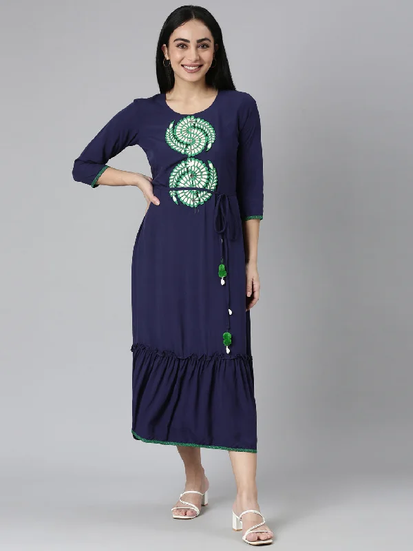 Neerus Blue Flared Casual Solid Maxi Dresses Stylish A-Line Maxi Dress