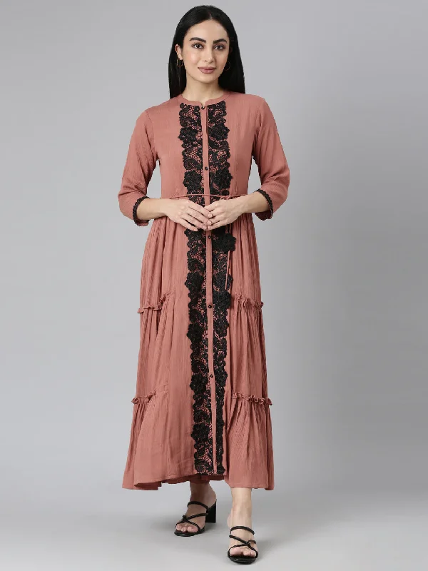 Neerus Brown Flared Casual Solid Maxi Dresses Stylish Pleated A-Line Maxi Dress