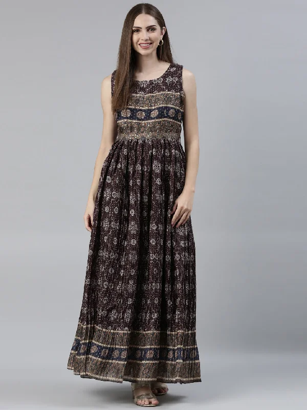 Neeru's Brown Straight Casual Printed Maxi Dresses Chic Off-Shoulder Maxi Dress