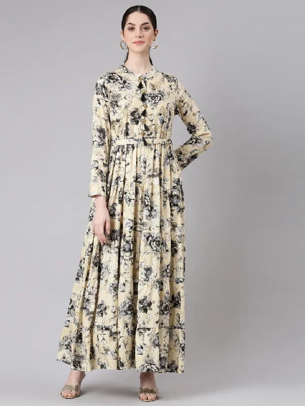 Neerus Cream Floral Printed Maxi Dresses Fashionable Halter Neck Maxi Dress
