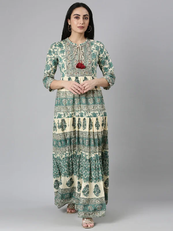 Neerus Green Flared Casual Floral Maxi Dresses Elegant Maxi Dress with Slit
