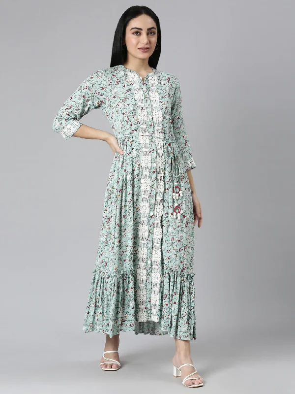 Neerus Green Flared Casual Floral Maxi Dresses Classic Black Maxi Dress