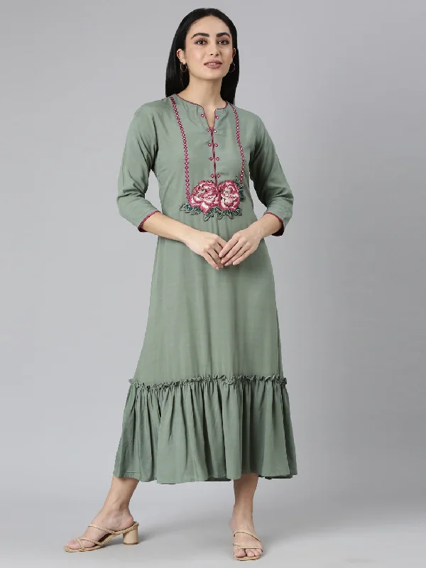 Neerus Green Flared Casual Solid Maxi Dresses Fashionable Asymmetrical Maxi Dress