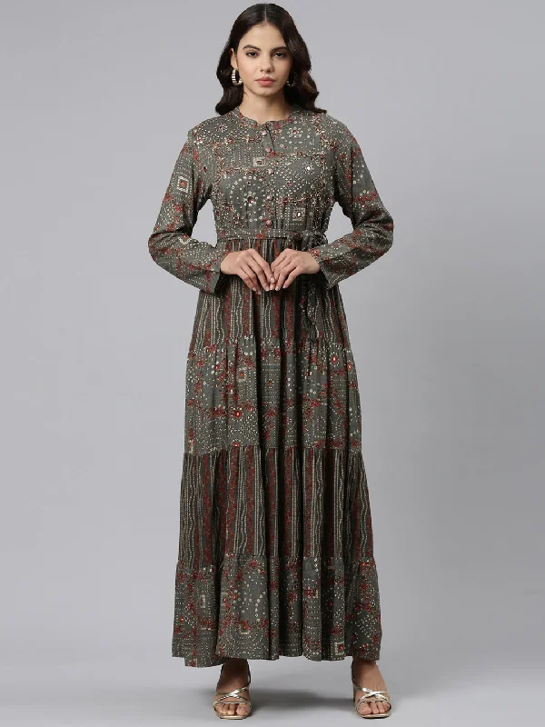 Neeru's Grey Straight Casual Printed Maxi Dresses Elegant Lace Maxi Dress