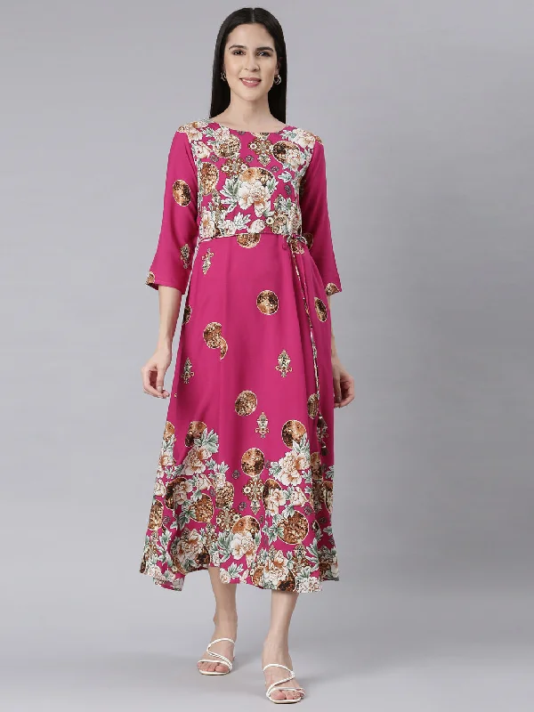 Neerus Magenta Curved Casual Floral Maxi Dresses Fashionable Chiffon Tiered Maxi Dress Neerus Magenta Curved Casual Floral Maxi Dresses Fashionable Chiffon Tiered Maxi Dress