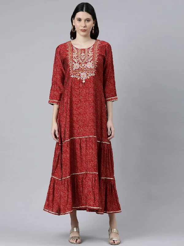 Neeru's Maroon Cotton Ethnic Motifs Embroidered Ethnic A-Line Maxi Dress Fashionable Open-Back Maxi Dress